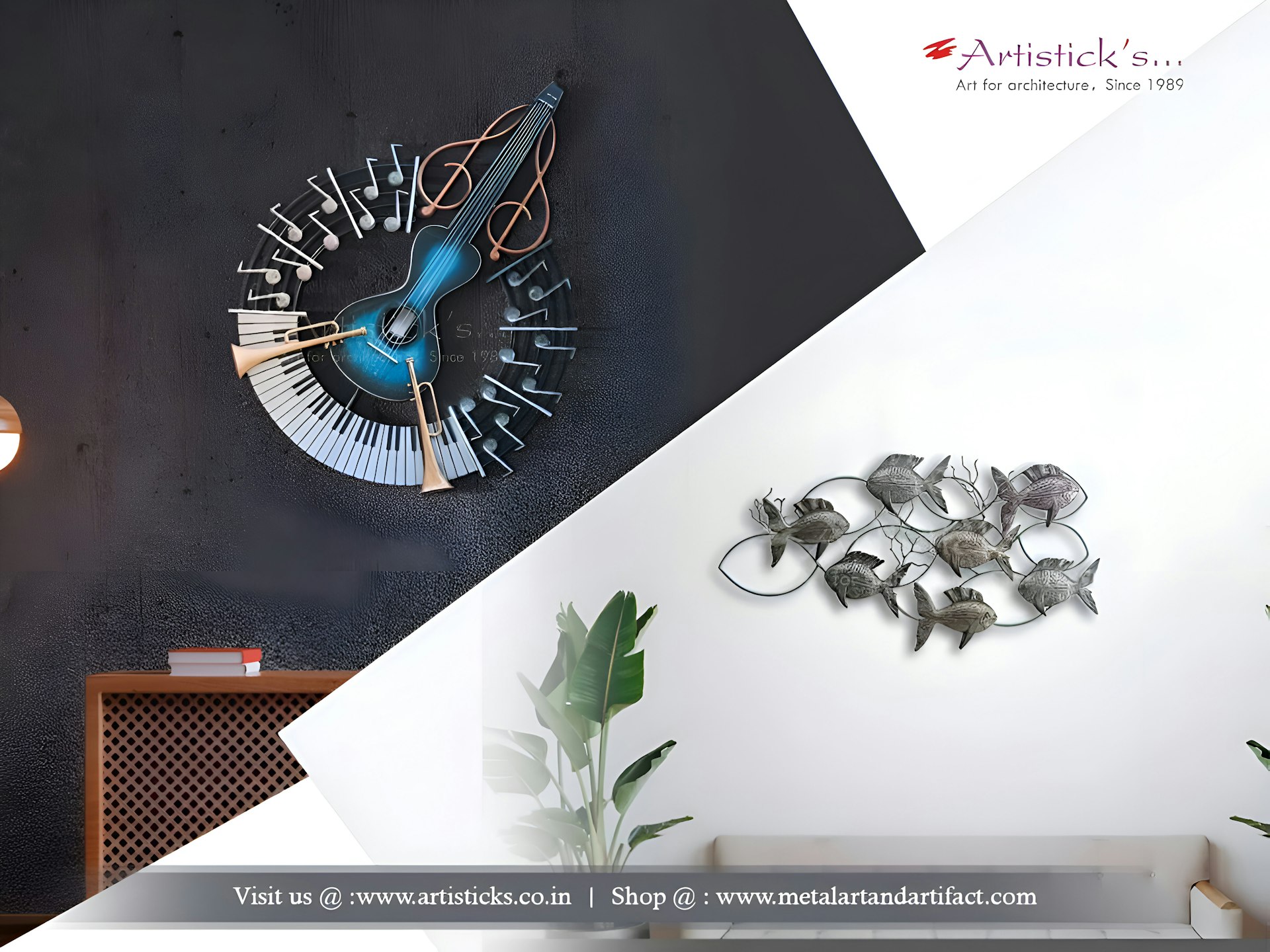 Musical instrument clock and fish wall art